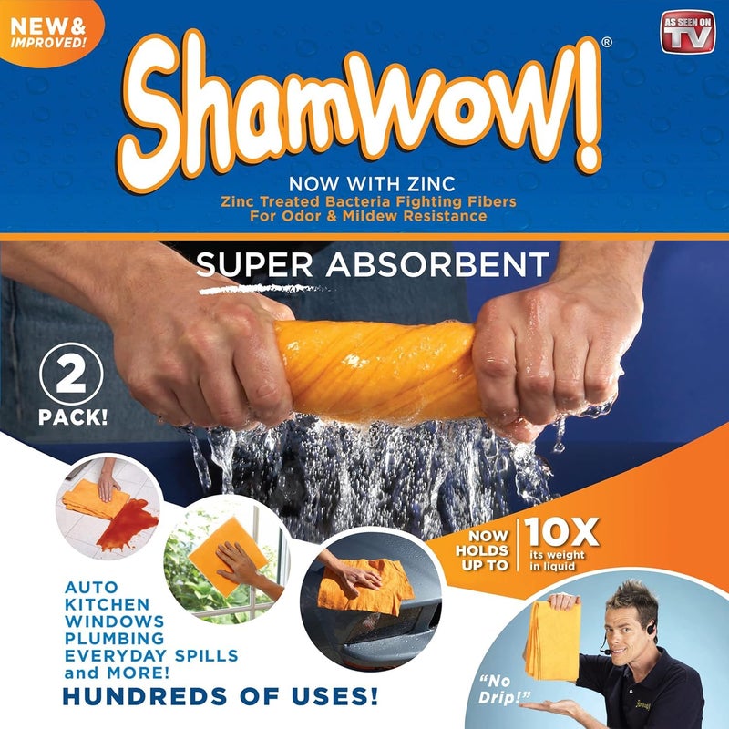 ShamWow Original Super Absorbent Multi-Purpose Cleaning Shammy Chamois Towel Cloth - Holds 10X its Weight in Liquid - Machine Washable - Will Not Scratch (2 Pack, Orange) - Image 3